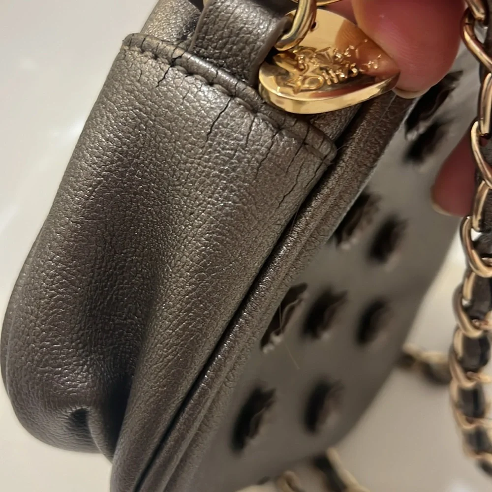 RARE BETSEY JOHNSON Pewter Leather Crossbody Chain Strap Purse with Rose Buttons
